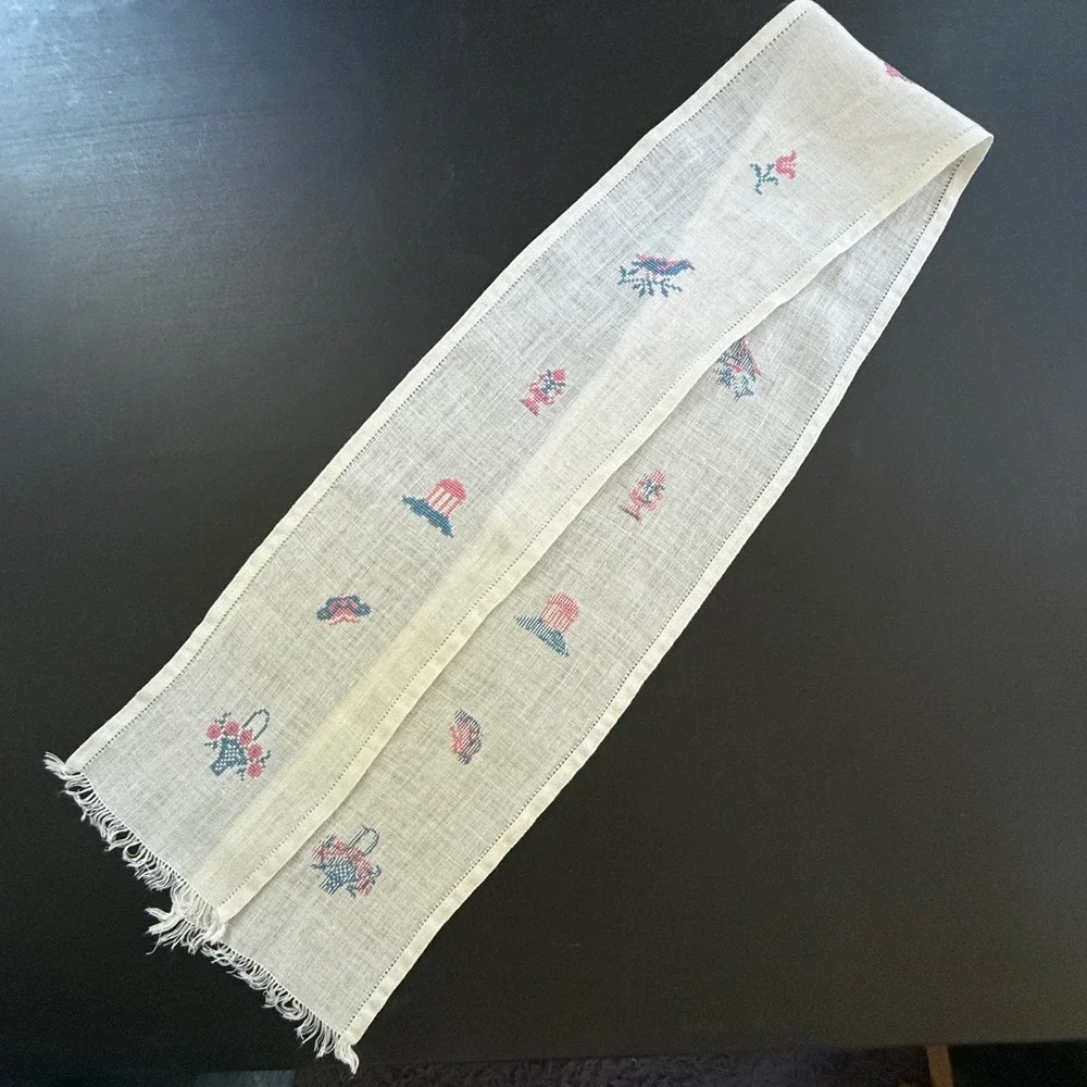 Vintage Cross Stitch Linen Table Runner Blue Pink Floral Bird Fringed Trim